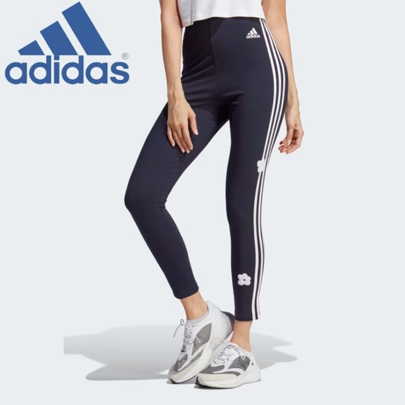 Adidas 3 Stripes Leggings With Chenille Flower Patches - Picture 1 of 16